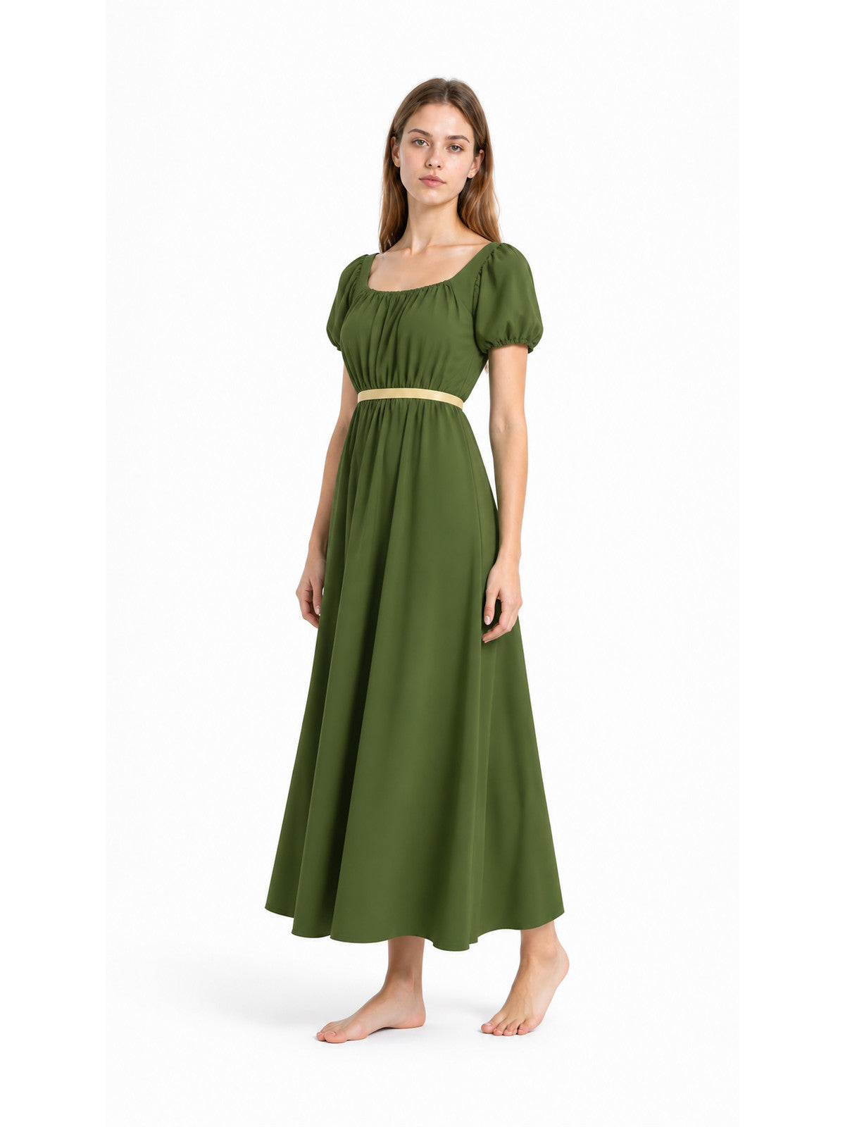 Olive Square-Neck Dress with Puff Sleeves Costume Dresses detail