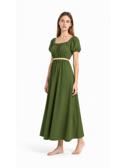Olive Square-Neck Dress with Puff Sleeves Costume Dresses detail
