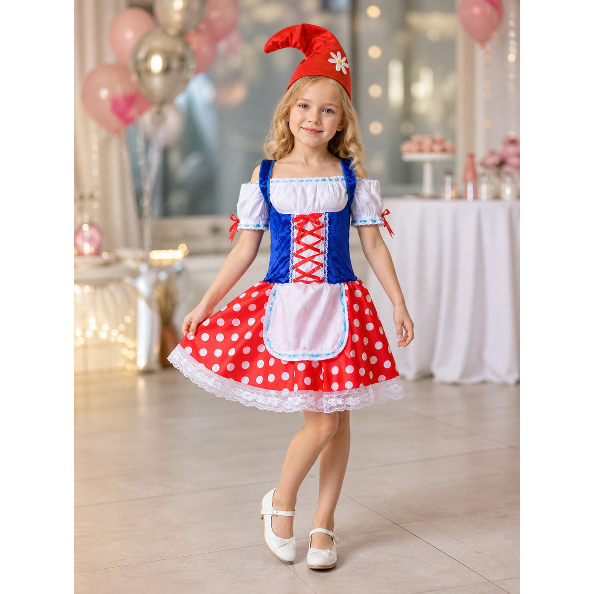 The dress is designed in the style of a German beer festival and is suitable for a themed party, cosplay, or festive outfit. The set includes a dress and a pointed curved hat. The design features a combination of white, red, and blue. The t