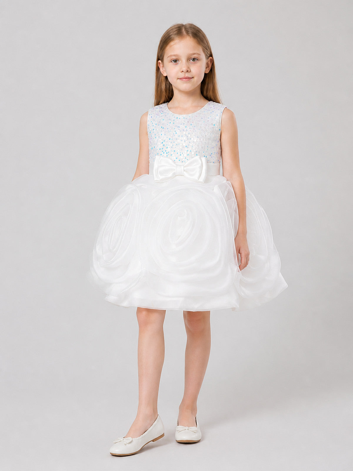 White Princess Dress for Girls with Sequins and Bow Costume Dresses detail