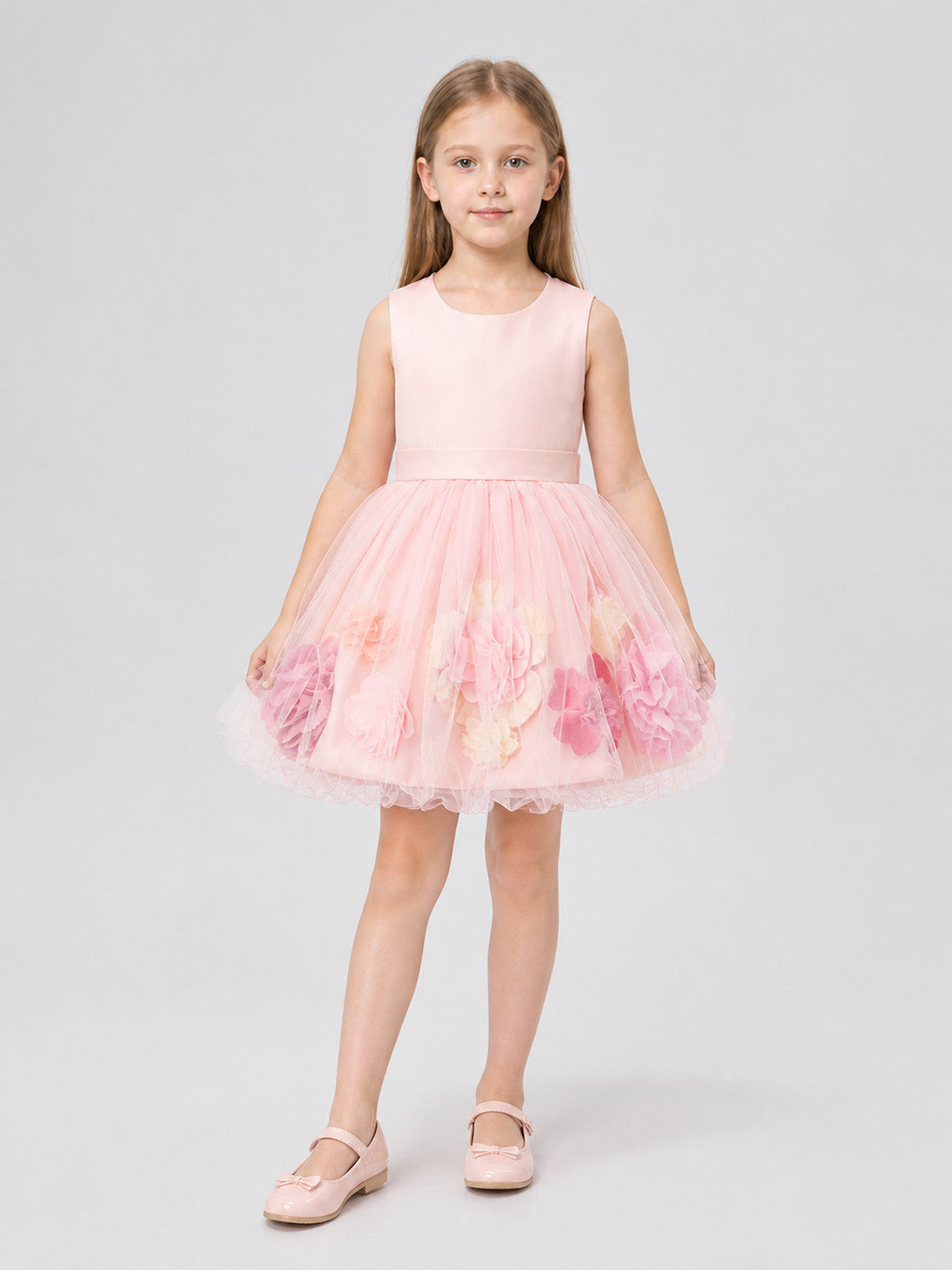 Pink Party Dress with a Full Tulle Skirt and Flowers