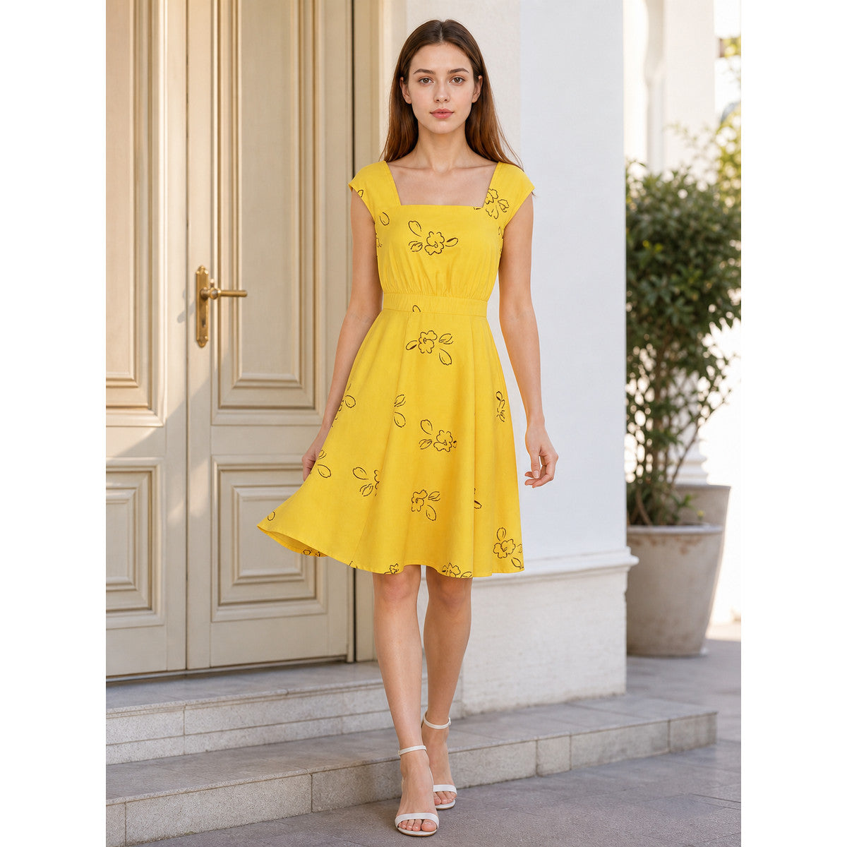 The dress is designed to recreate Mia's look from the film "La La Land" and for theatrical role transformations in a cosplay style. The model is made in a bright yellow color and decorated with a scattered outline pattern of flowers and lea