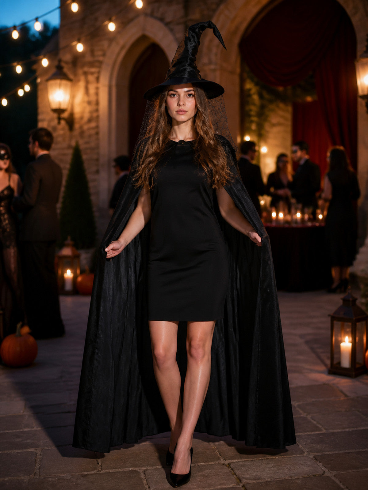 Halloween Witch Costume Set 2pcs Black Curved Pointed Hat and Long Cape 2