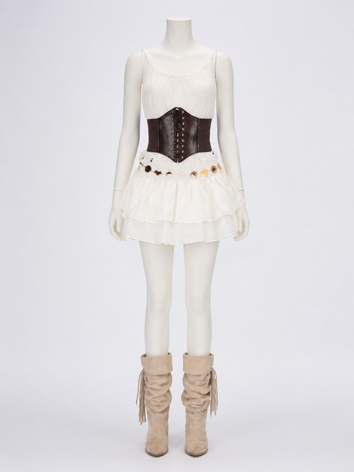 Pirate Costume Set for Adults, White Ruffle Skirt, Black Waist Cincher & Red
