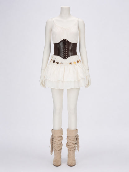Pirate Costume Set for Adults, White Ruffle Skirt, Black Waist Cincher & Red
