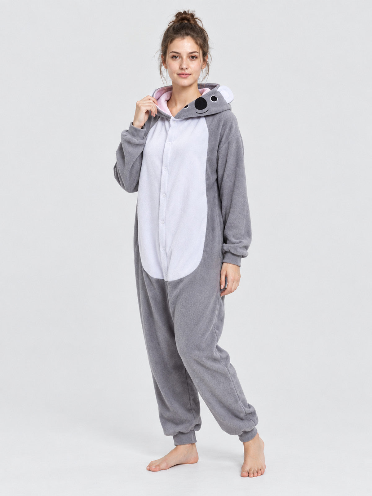 Gray Fleece Hooded Pajama Jumpsuit with Animal Face Hood