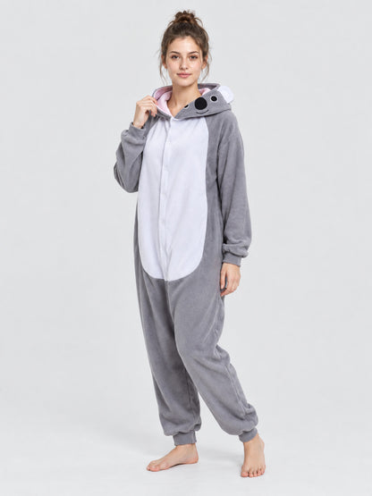 Gray Fleece Hooded Pajama Jumpsuit with Animal Face Hood