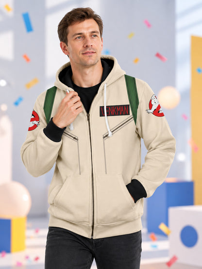 Beige Cosplay Hoodie with Zipper, Hood, and Patches