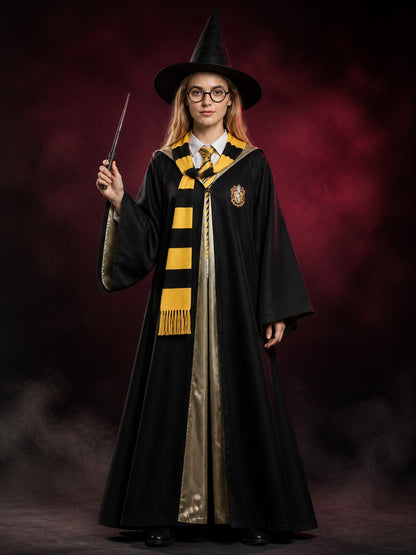 Black Wizard Robe Costume Set With Pointed Hat, Wand, Glasses, Tie And Scarf main product view