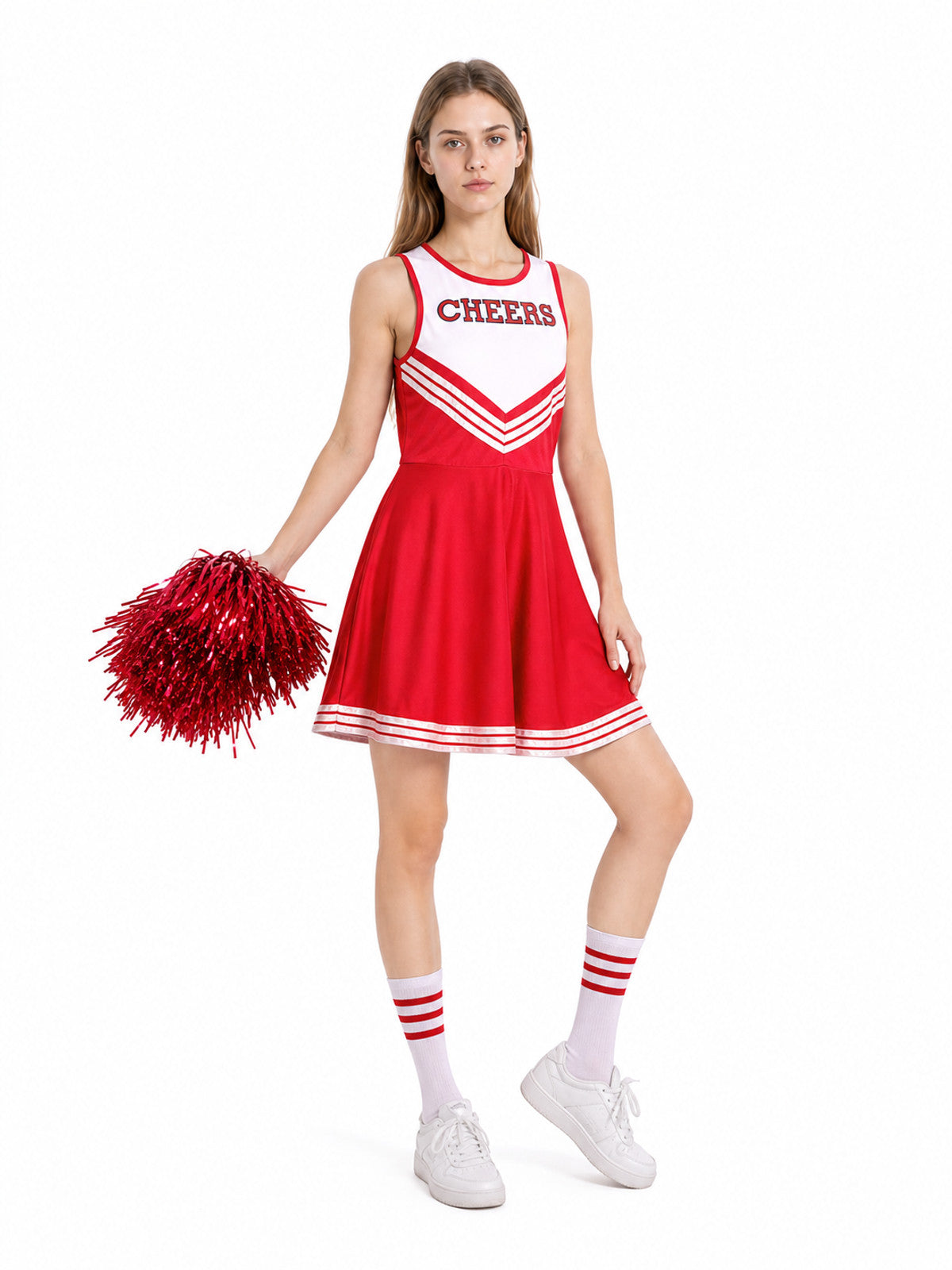 Red Cheerleading Dress with Pom-Poms and Knee-High Socks Costume Dresses detail