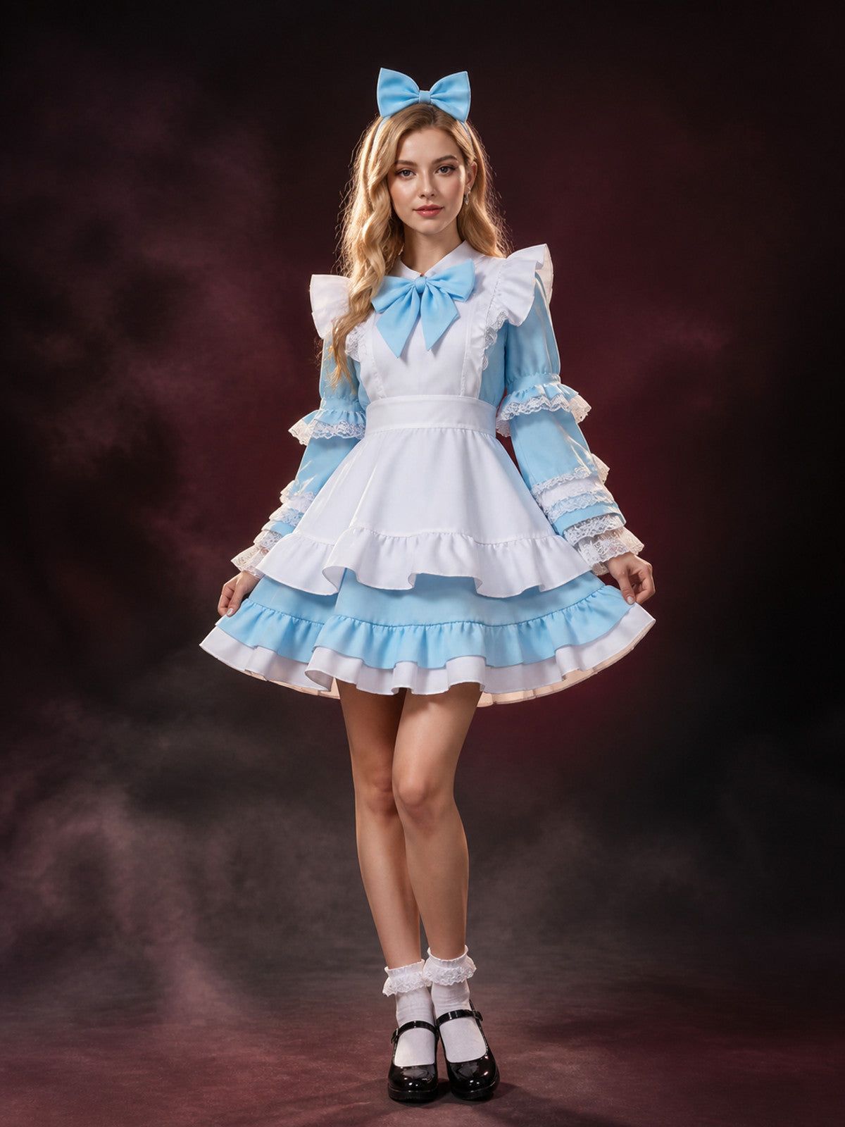Girls Princess Costume Dress, Light Blue Layered Tutu Gown with Bow and main product view