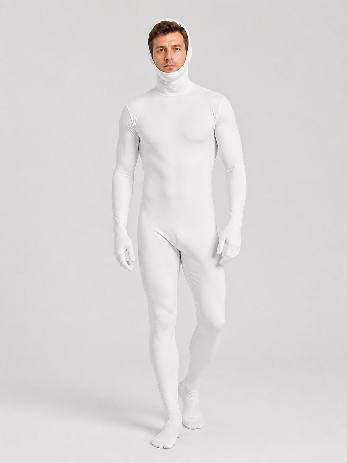 White Form-Fitting Jumpsuit with Hood and Open Face product detail