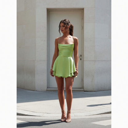 Green Short Dress with a Square Neckline and Straps Costume Dresses detail