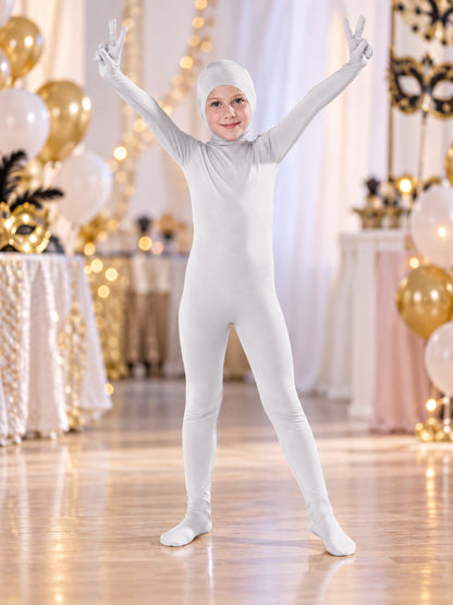 White form-fitting zentai jumpsuit with hood