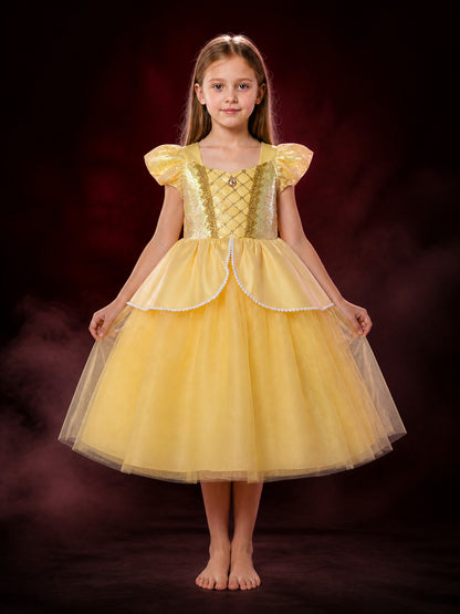 Girls Yellow Princess Costume Dress With Gold Trim, Puff Sleeves and Layered