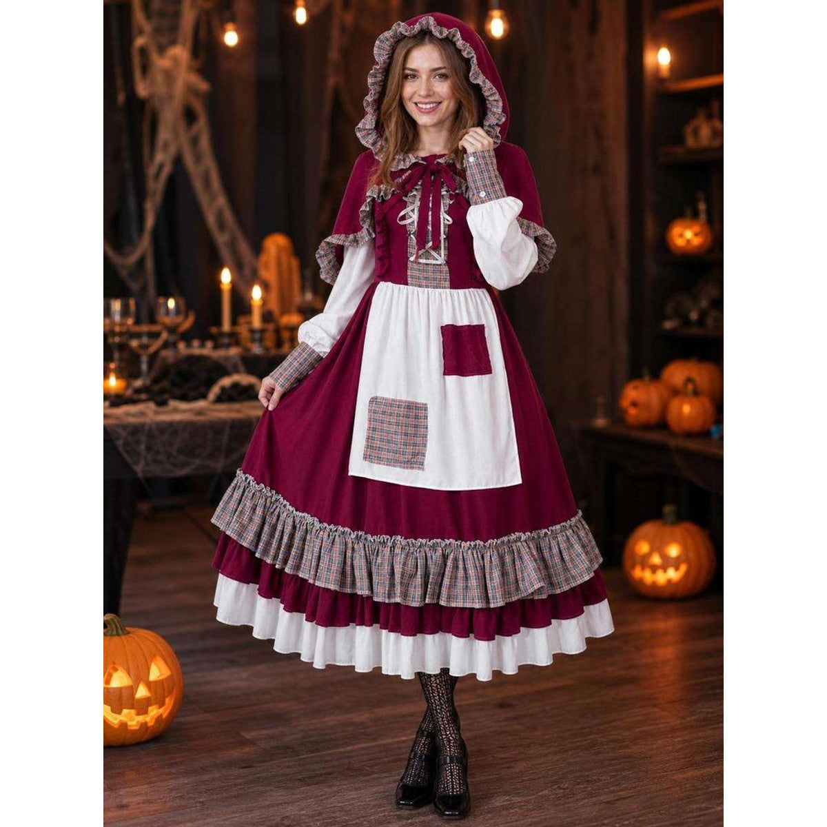 Burgundy Hooded Vampire Dress for Halloween lifestyle view