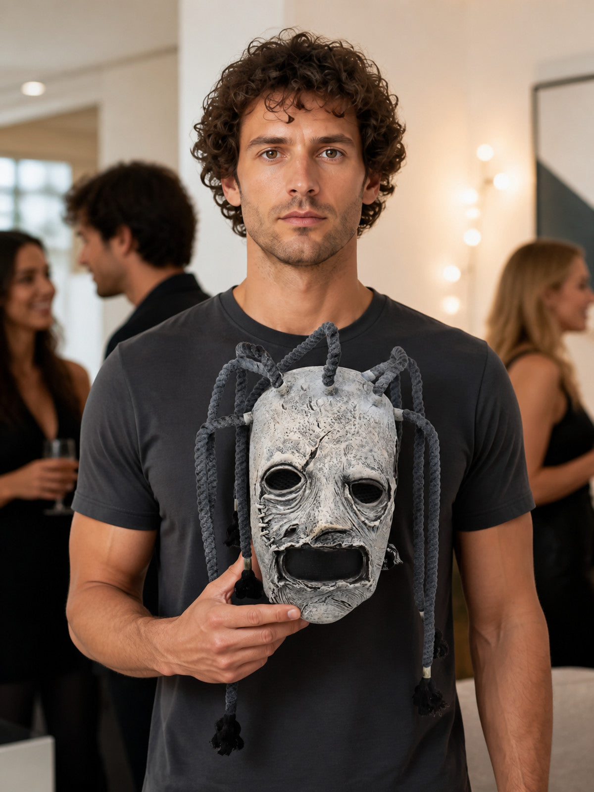 Gray and White Halloween Mask with Black Cords lifestyle view