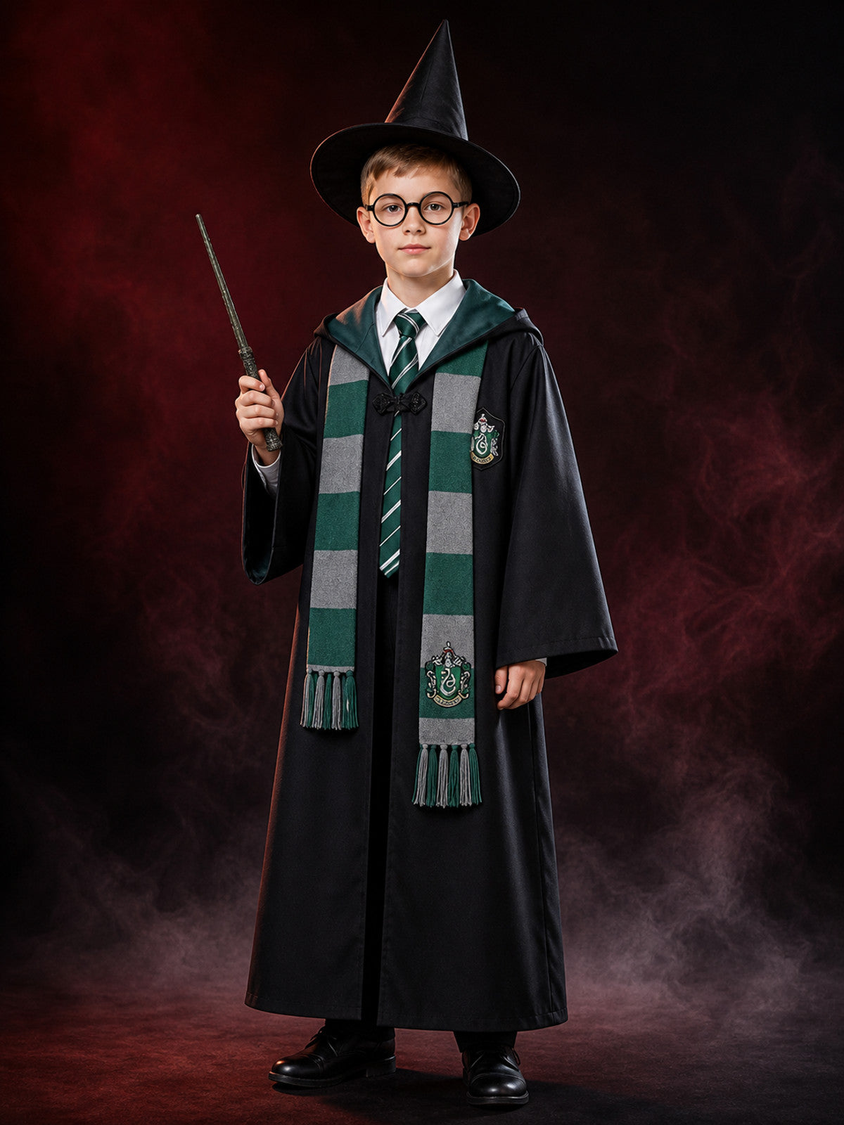 Kids Slytherin Wizard Robe Costume Set with Green Tie, Scarf, Pointed Hat, Black