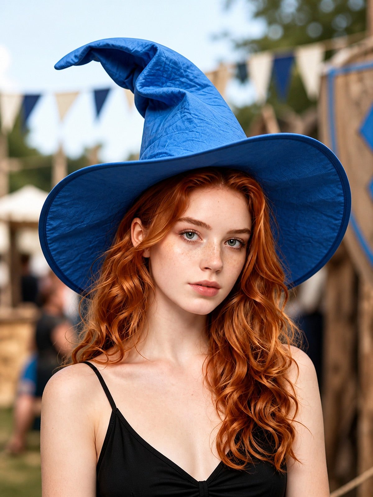 Blue Halloween Witch Hat, Wide Brim Curved Pointed Cap with Black Chin Strap lifestyle view 2
