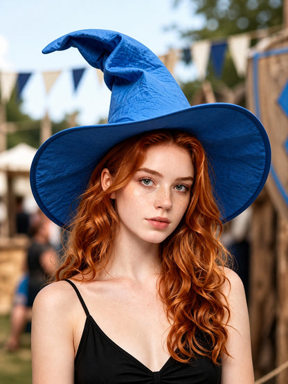 Blue Halloween Witch Hat, Wide Brim Curved Pointed Cap with Black Chin Strap lifestyle view 2