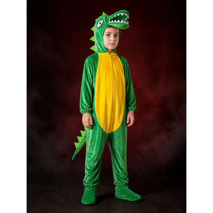 Kids Green Dinosaur Costume Bodysuit with Head Hood, Spikes and Tail for main product view
