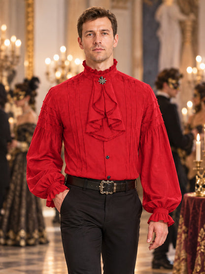 Red Pirate-Style Shirt with High Collar and Ruffles