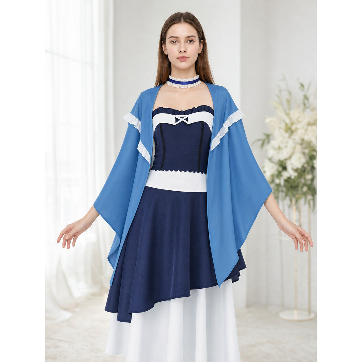 Dark Blue Dress with Cape and Lace for Cosplay lifestyle view