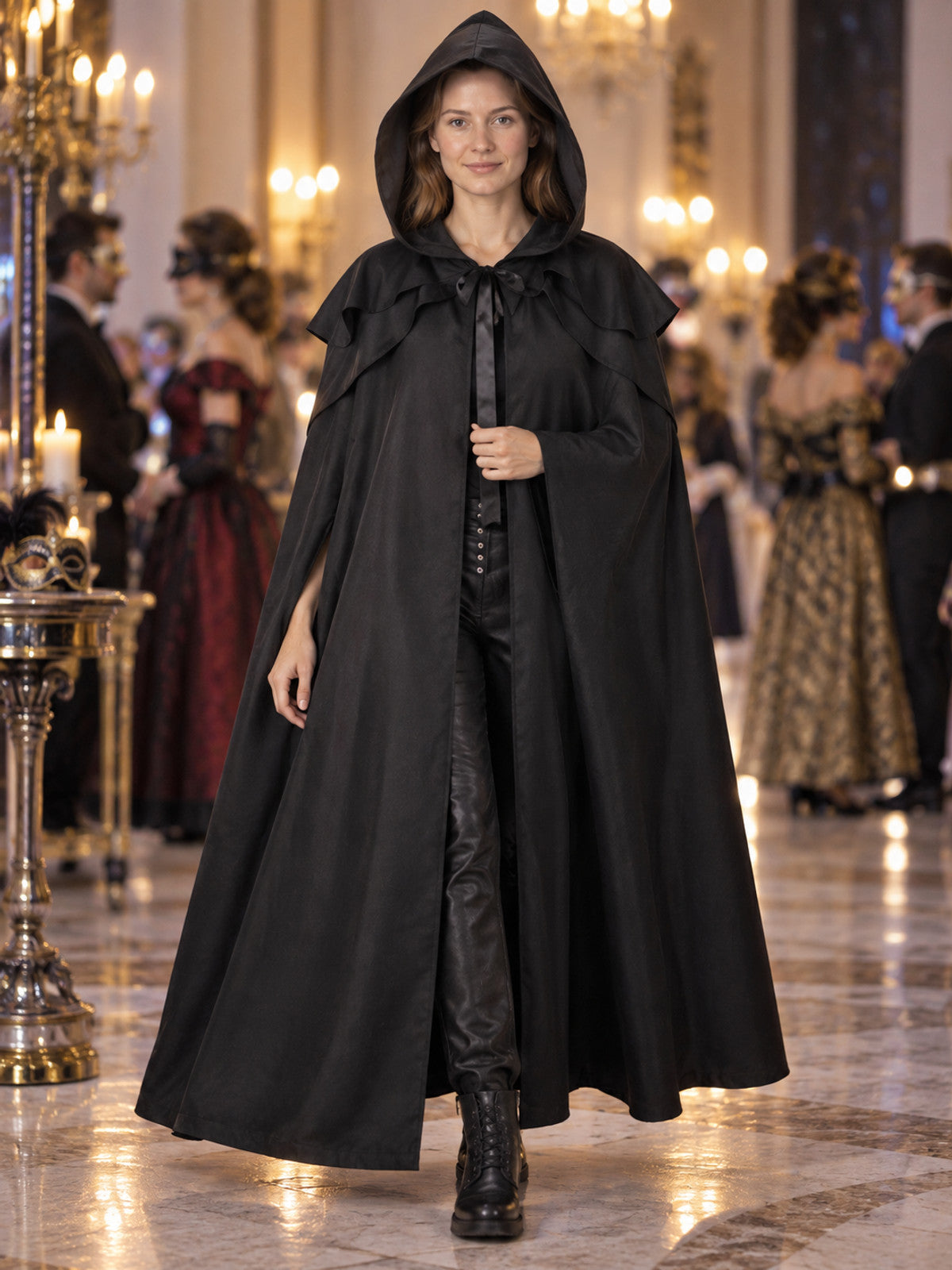 Long Black Hooded Carnival Cape-Cloak