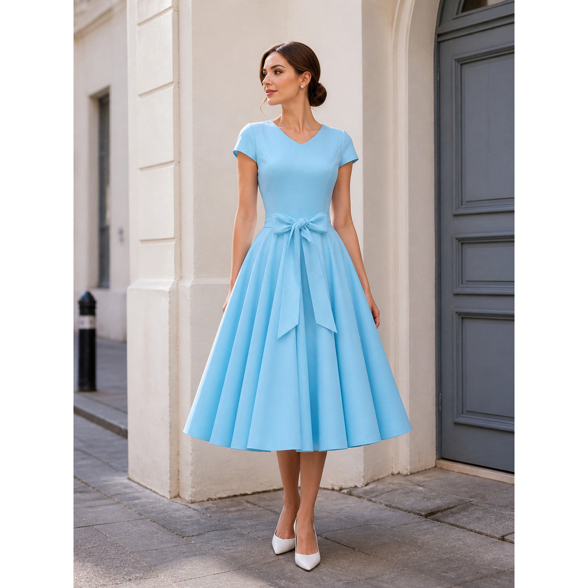 Light Blue V-Neck Dress with Bow and Full Skirt