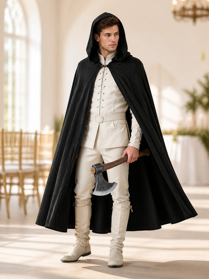 Black Long Hooded Cotton-Linen Cloak