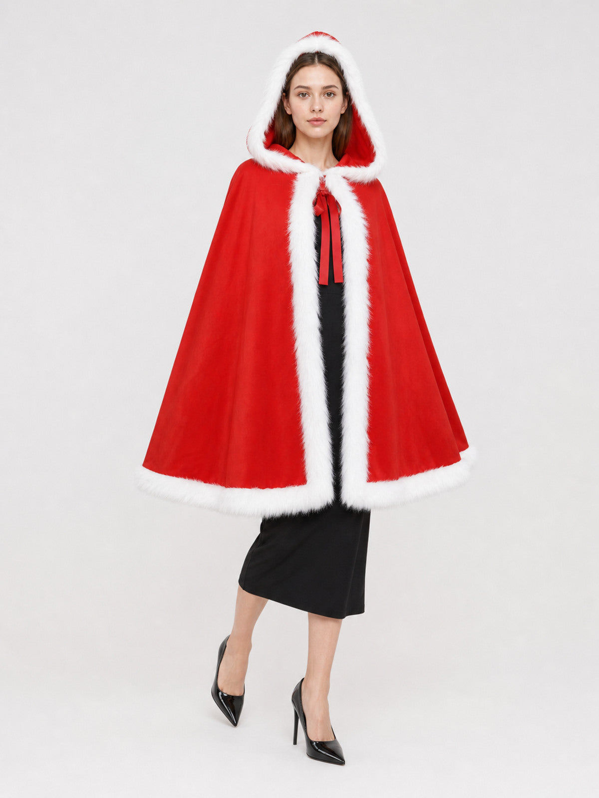 Red cape with a lined hood, white faux fur trim, and front tie, shown on a full-body model