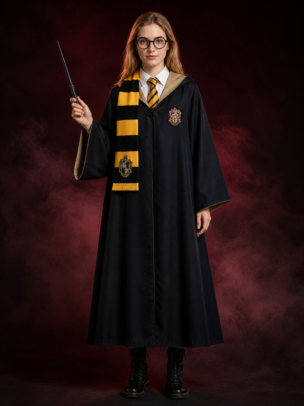 Kids Black And Yellow Hooded Wizard Robe Costume Set With Scarf, Tie, Glasses main product view