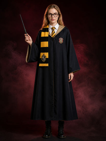 Kids Black And Yellow Hooded Wizard Robe Costume Set With Scarf, Tie, Glasses main product view