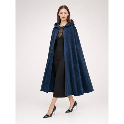 Blue hooded velvet-look cloak shown full-body on an adult over a black dress, with a wide flowing hem