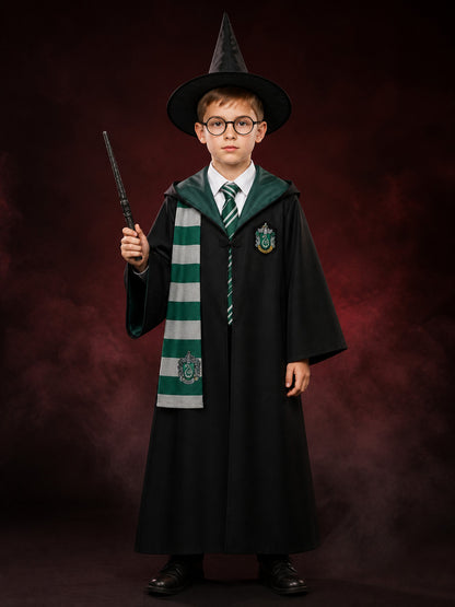 Green and Black Wizard Robe Costume Set with Hooded Cloak, Tie, Scarf, Pointed main product view