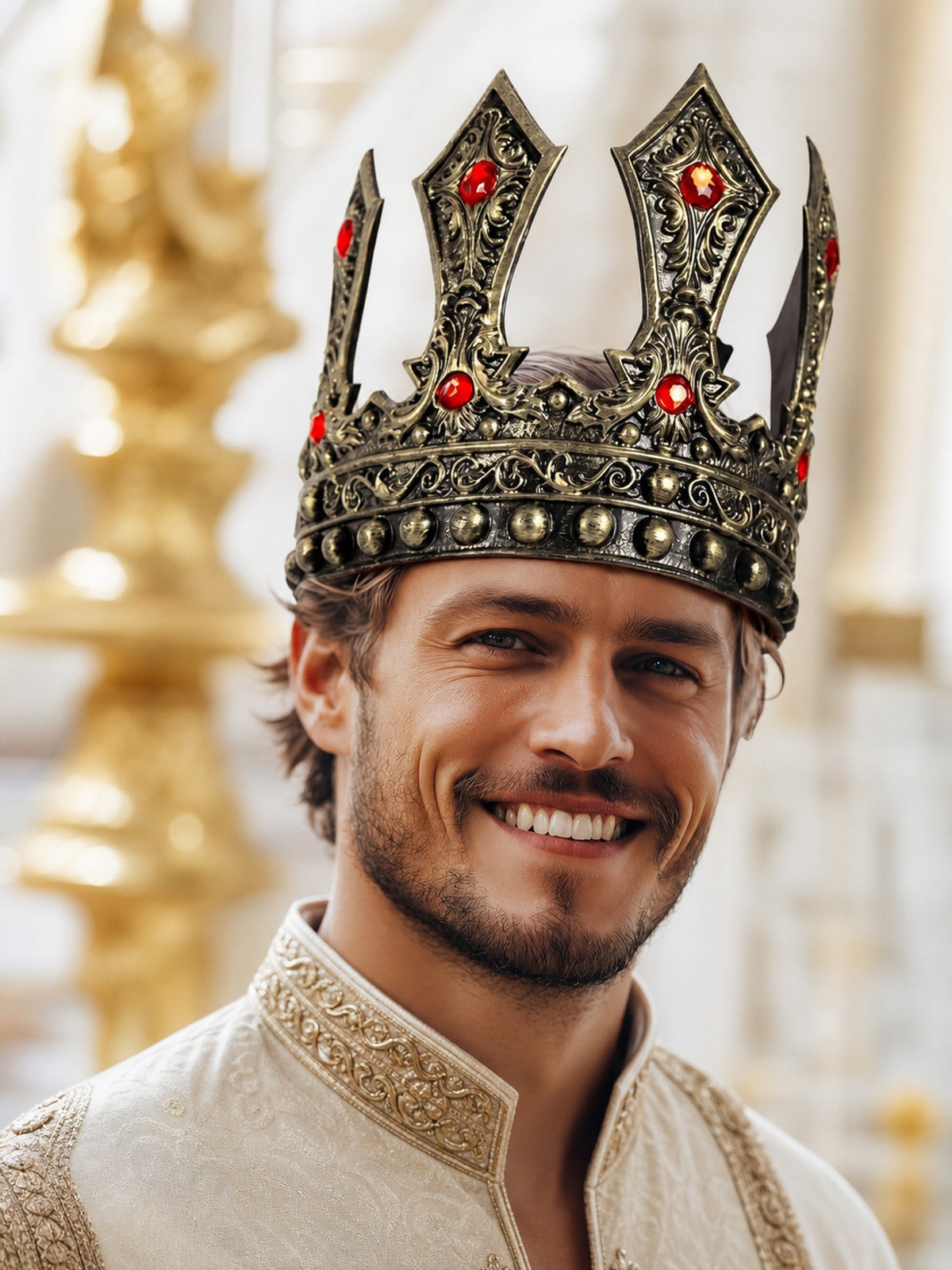 Antique gold crown with red rhinestones and embossed filigree, shown on a smiling model in a styled indoor scene