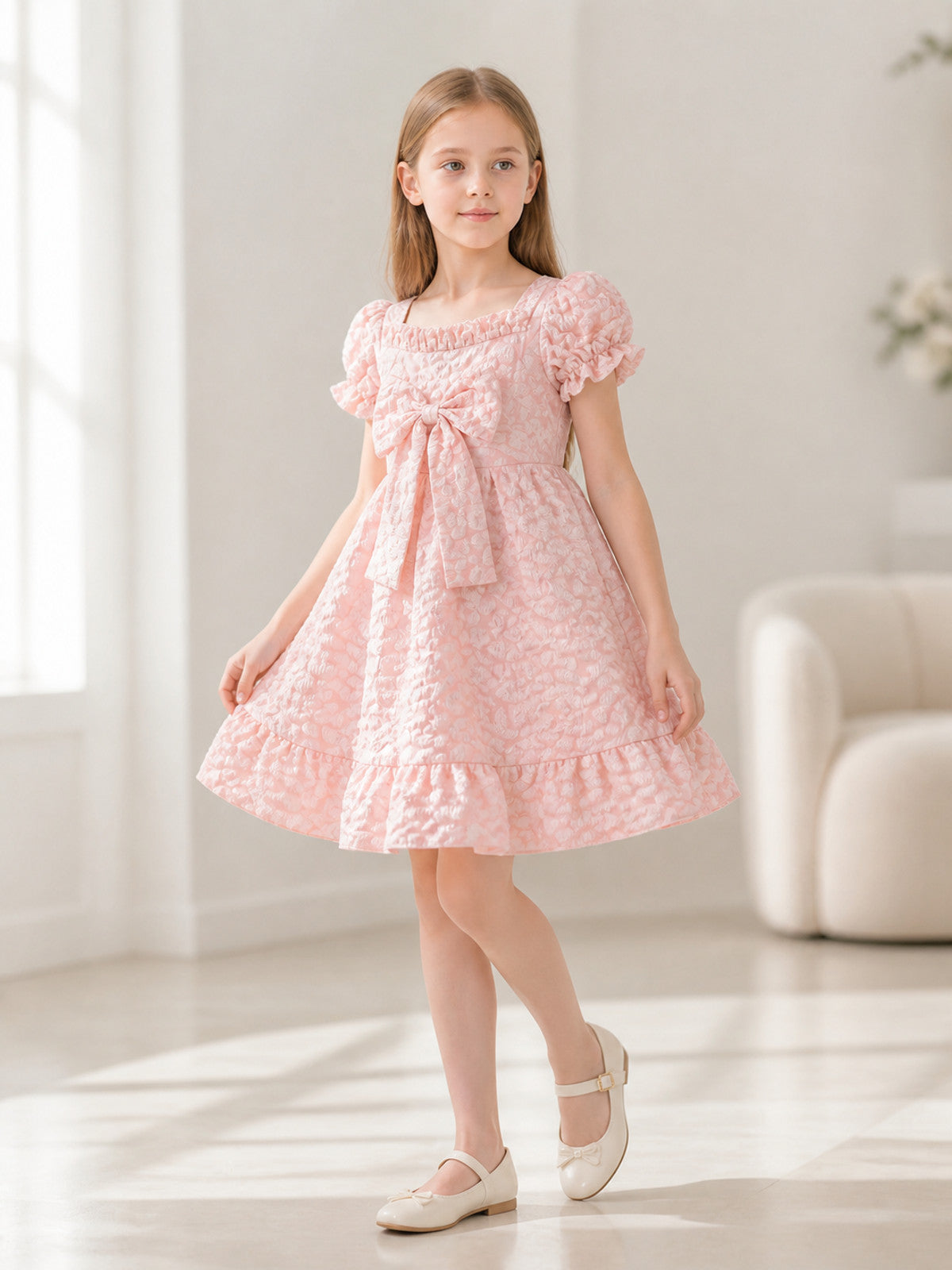 Pink Party Dress with Bow and Full Skirt lifestyle view