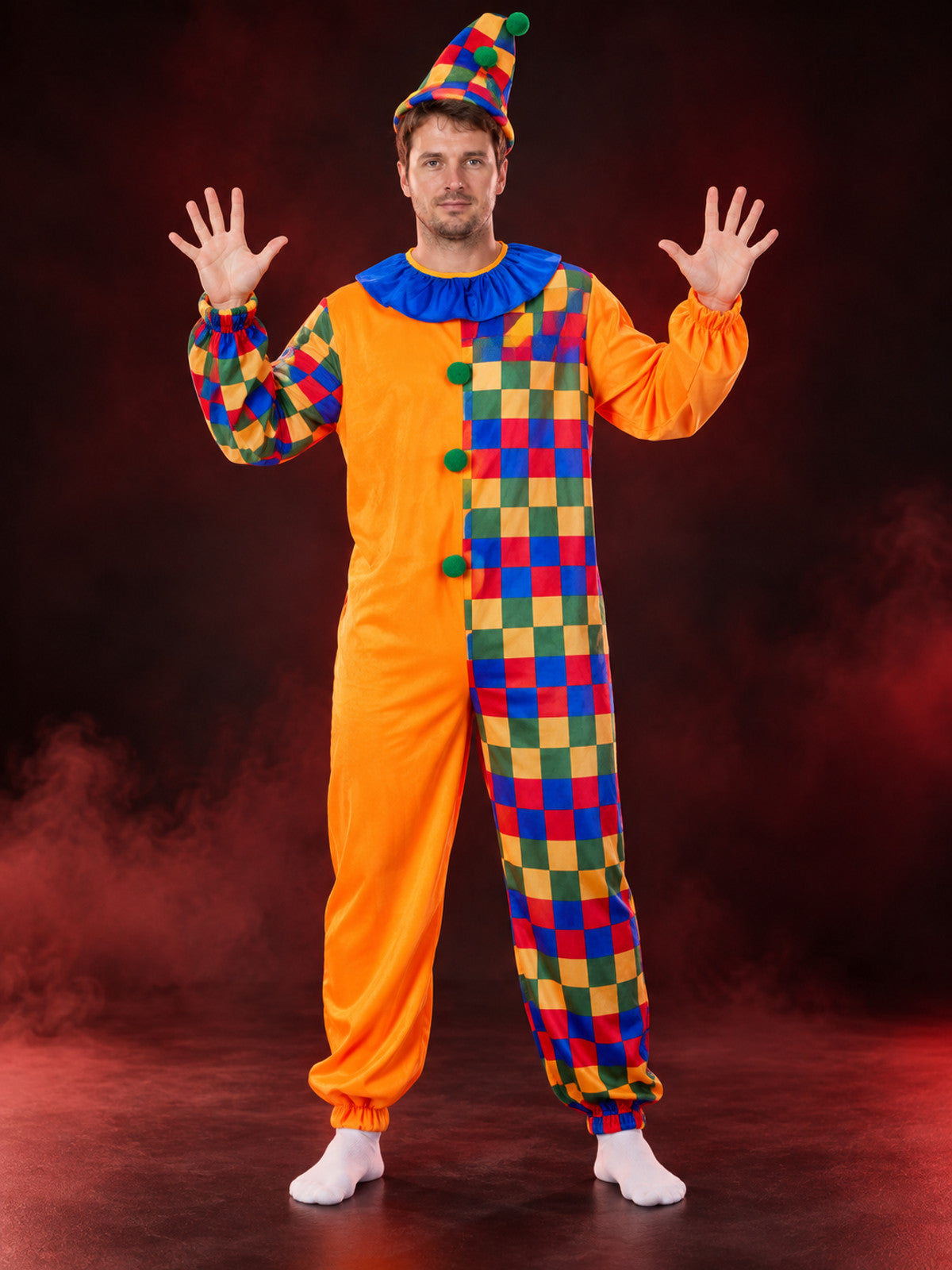 Adult Clown Costume, Orange Jumpsuit, Hat