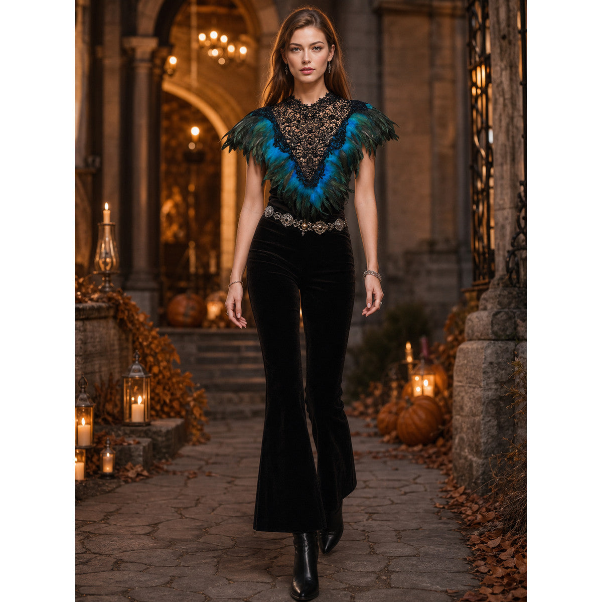 Feather Trim Cape with Triangle Lace Chest Panel, Teal and Black Feather Capelet, Sheer Lace Front, Stage Performance Cosplay Cape for Halloween Party