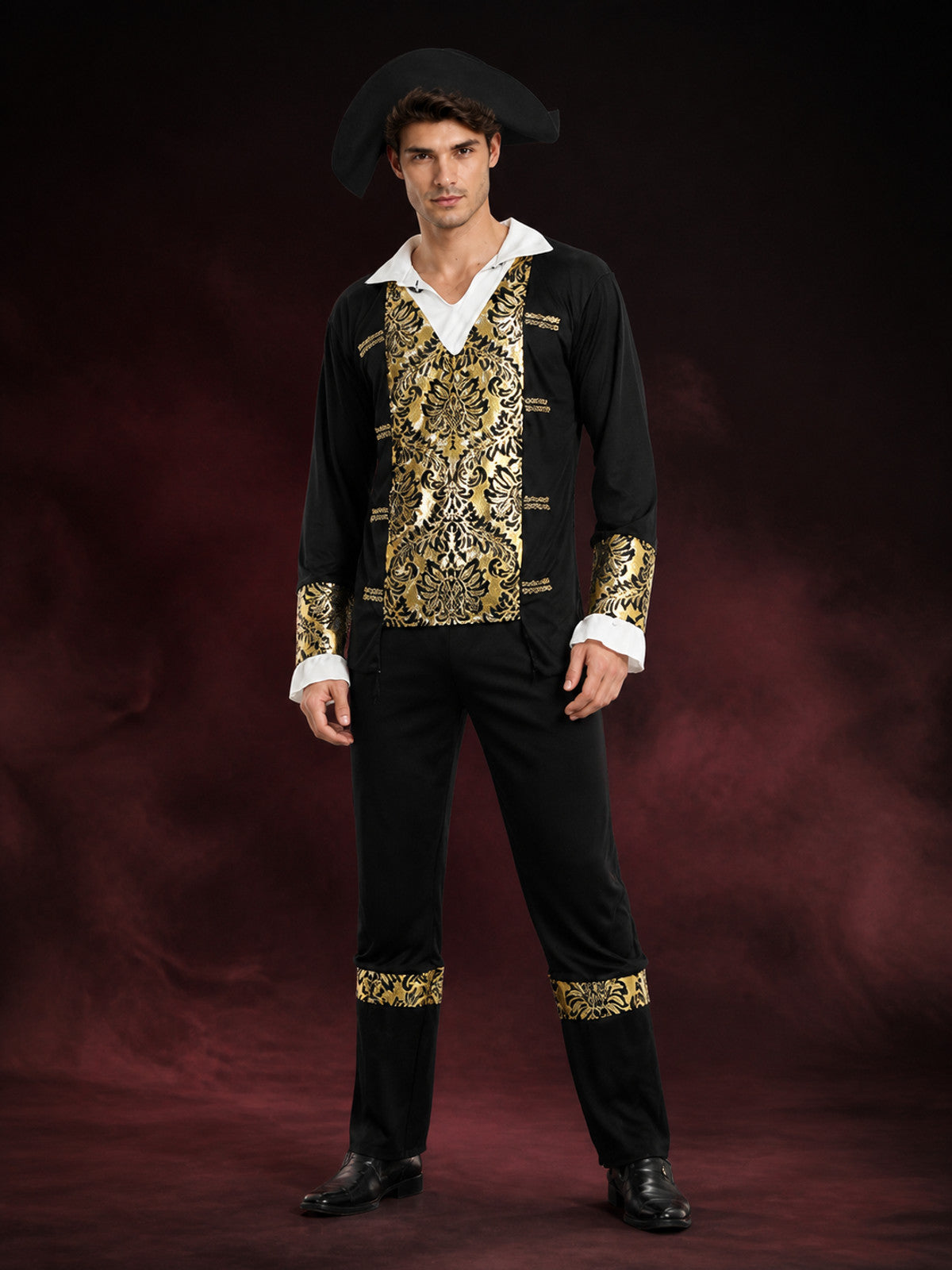 Adult Pirate Costume Set With Baroque Gold Trim, Hat, Shirt And Pants