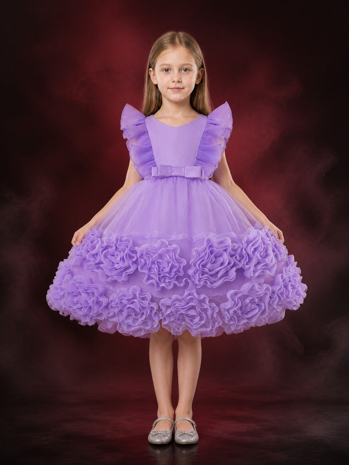 Girls' Light Purple Princess Party Dress with Layered Organza Skirt, Ruffle main product view