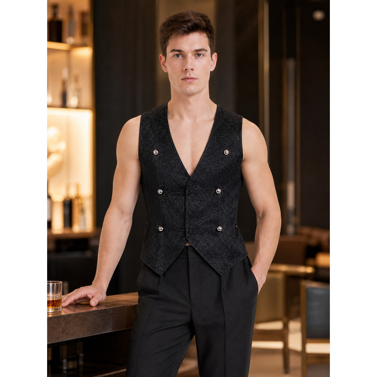 Sleeveless Tailcoat Vest with Jacquard Pattern lifestyle view