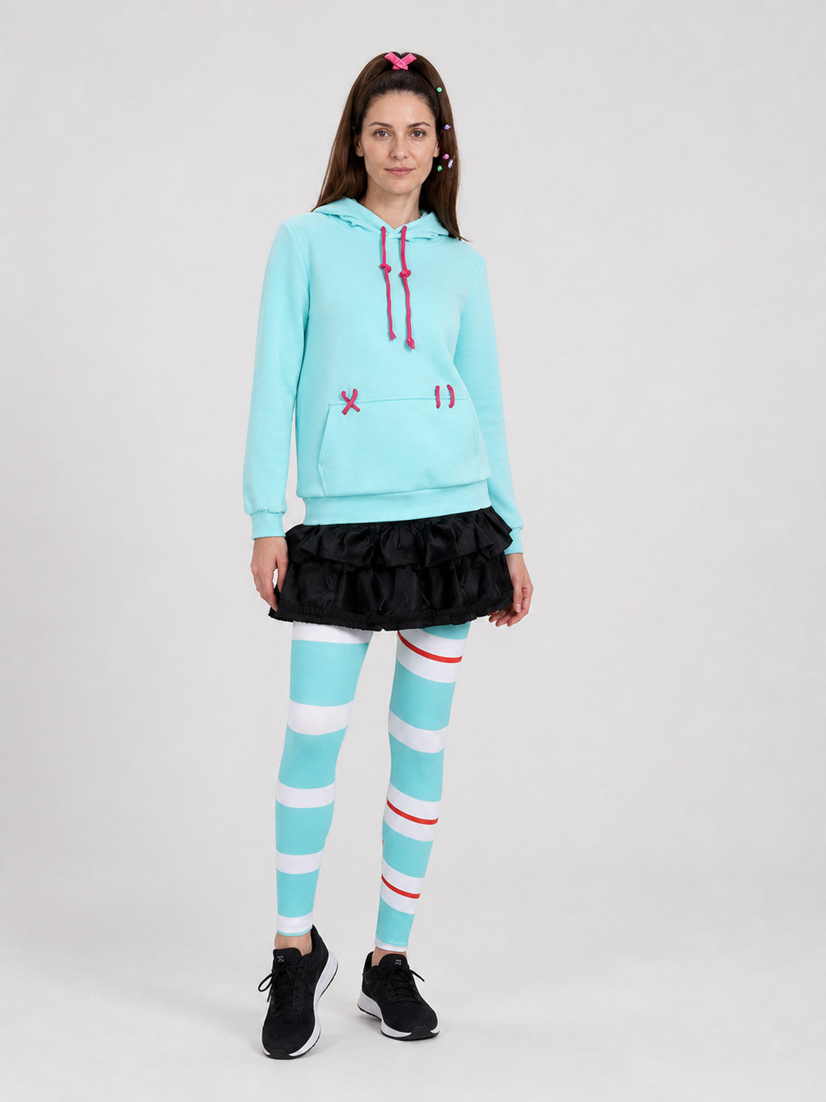 Vanellope Cosplay Costume: Hoodie, Skirt-Shorts, Knee-High Socks Wearable Blankets detail