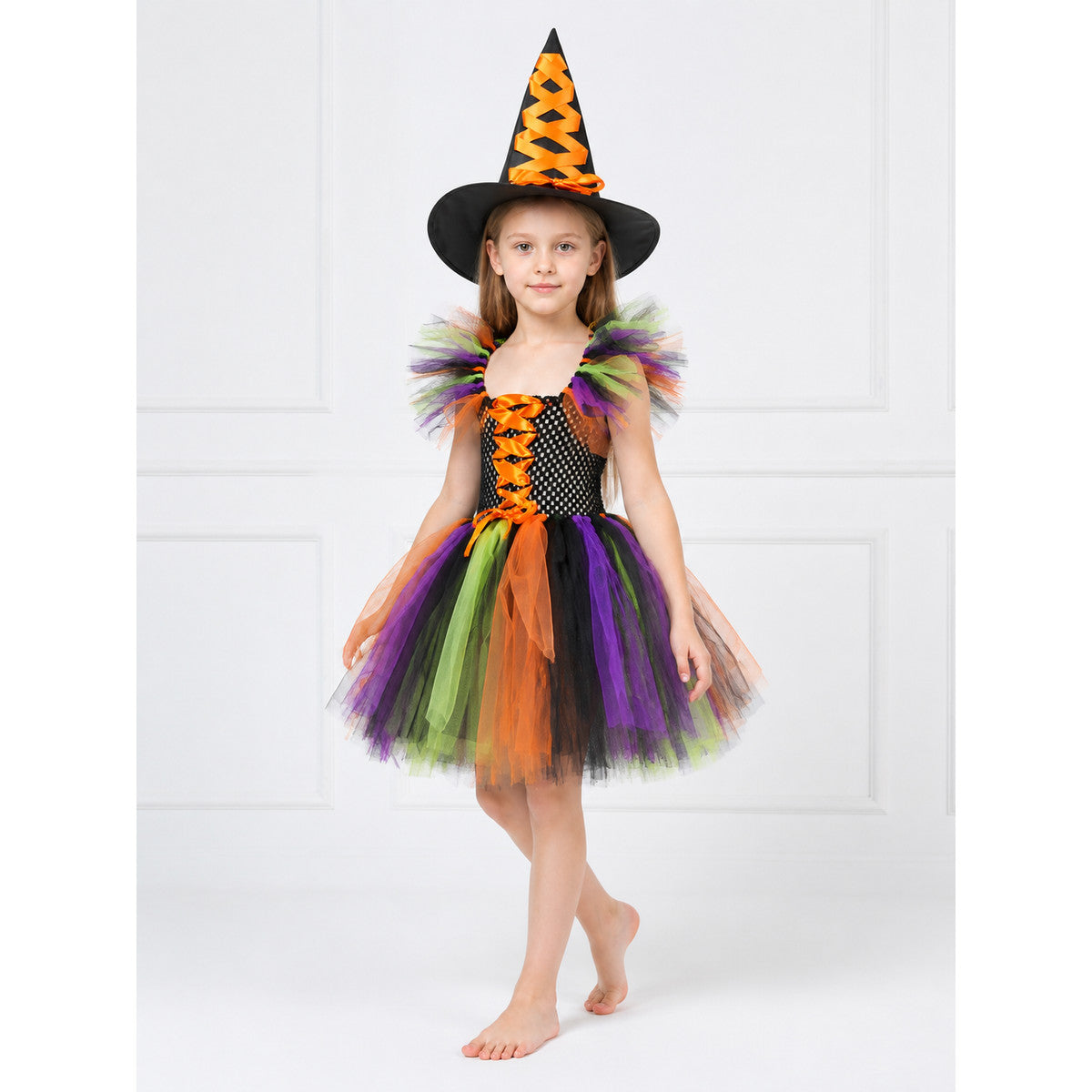 Witch Costume with Full Skirt and Hat, Multicolored Costume Headwear detail