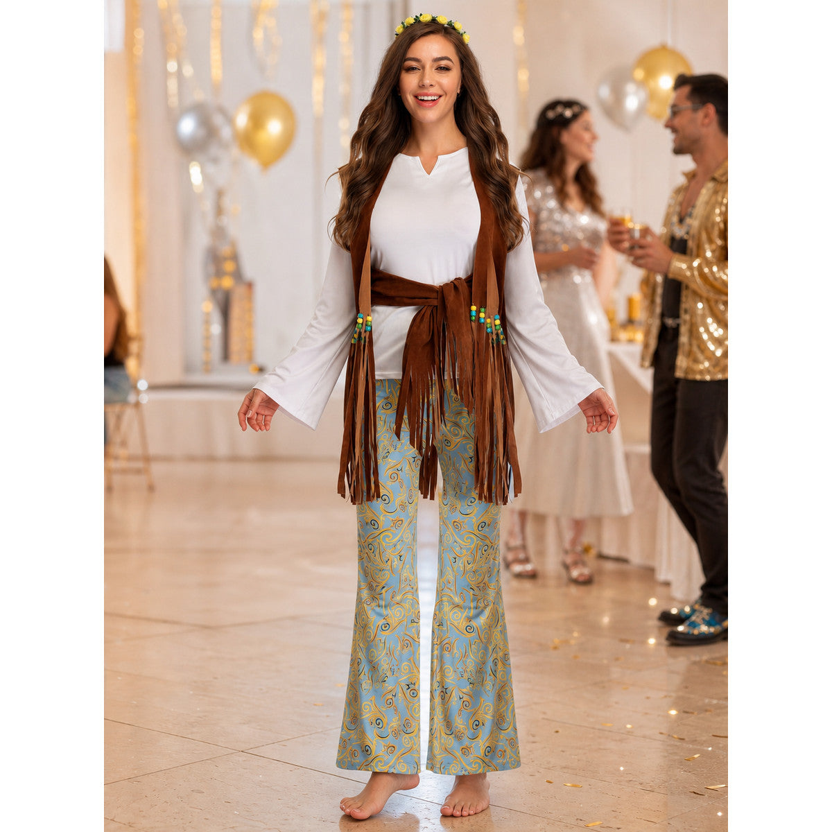 The stage costume is designed in a retro style and is suitable for a Halloween party, disco performance, or cosplay. The set includes a stage outfit with a white long-sleeve shirt, brown fringe, and light blue flared pants featuring a yello