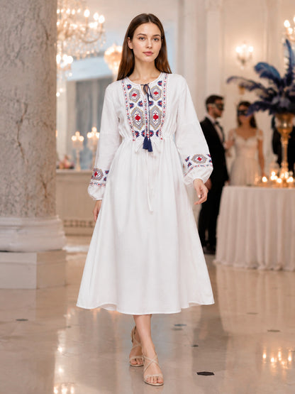 Midi Dress with Ethnic Embroidery and Tassel lifestyle view