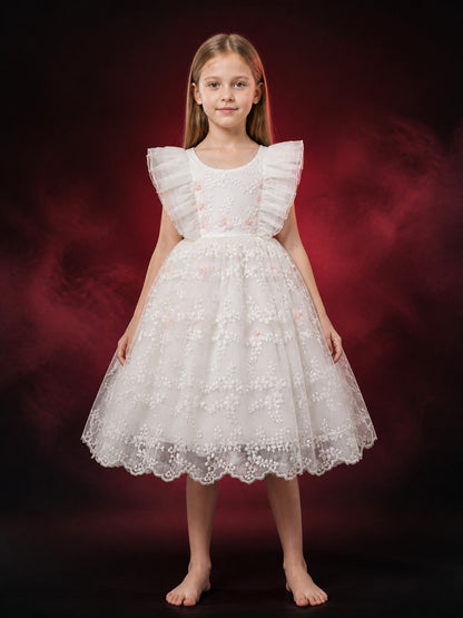 Girls' White Embroidered Tulle Princess Dress With Layered Flutter Sleeves, Ages main product view