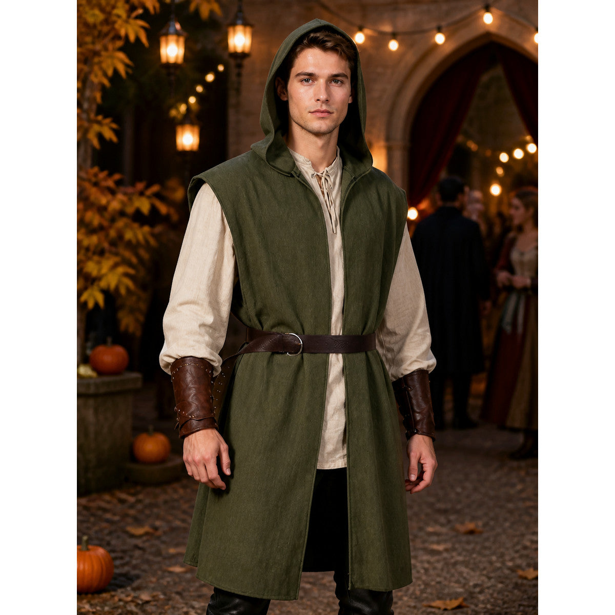 Olive green hooded sleeveless vest with brown belt on a male model in a warmly lit medieval-style setting