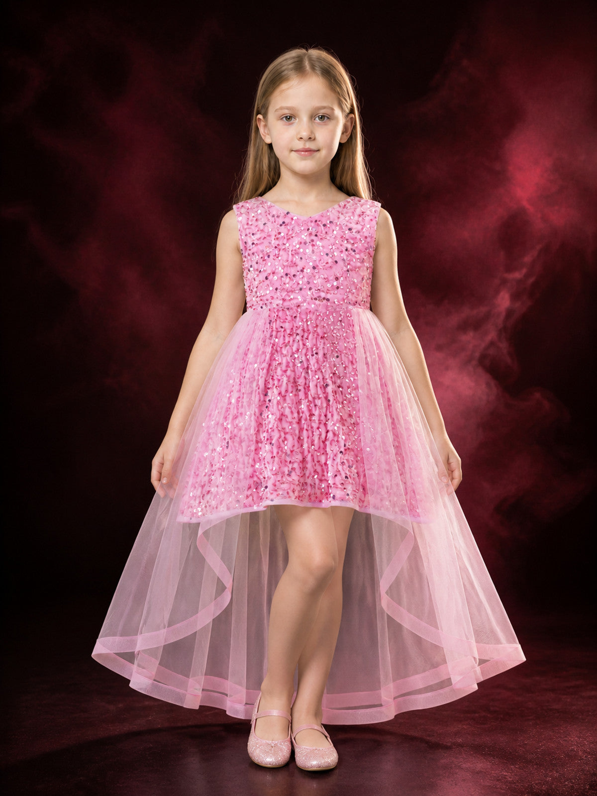 Girls' Pink Sequined Tulle Train Princess Dress, Sleeveless Flower Girl Gown main product view