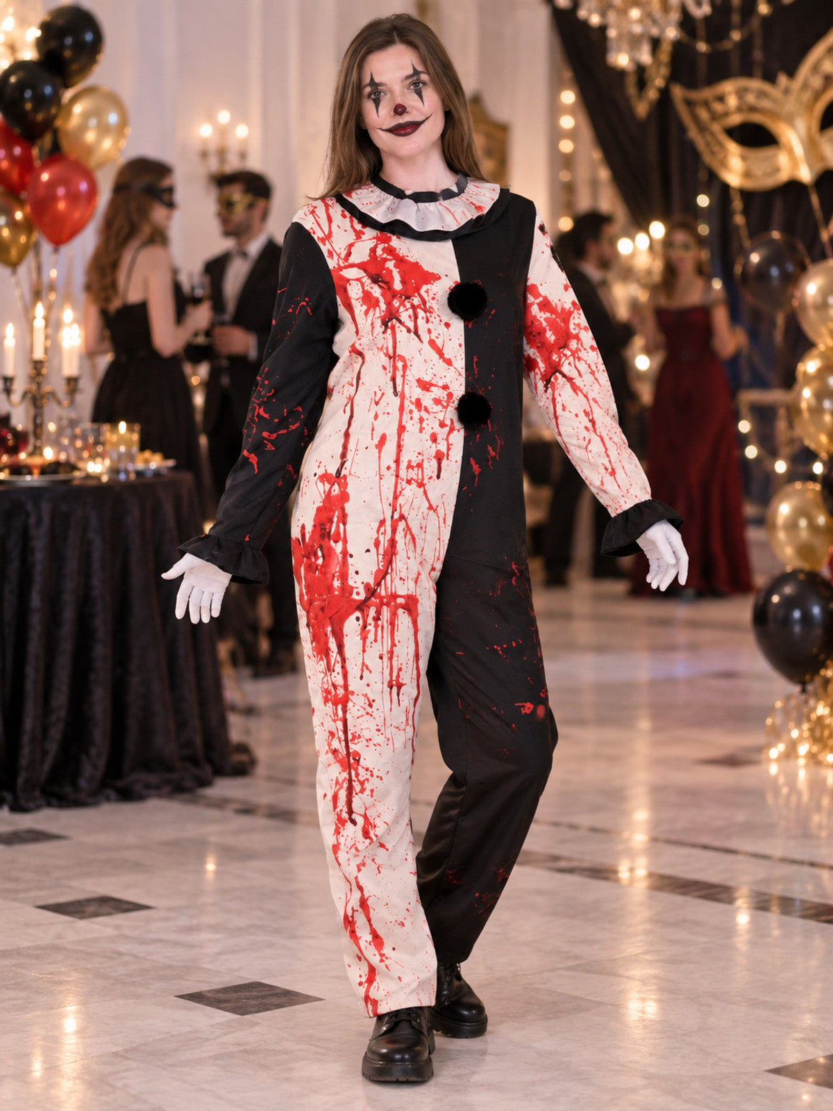 Black and white clown costume with a jabot and imitation blood